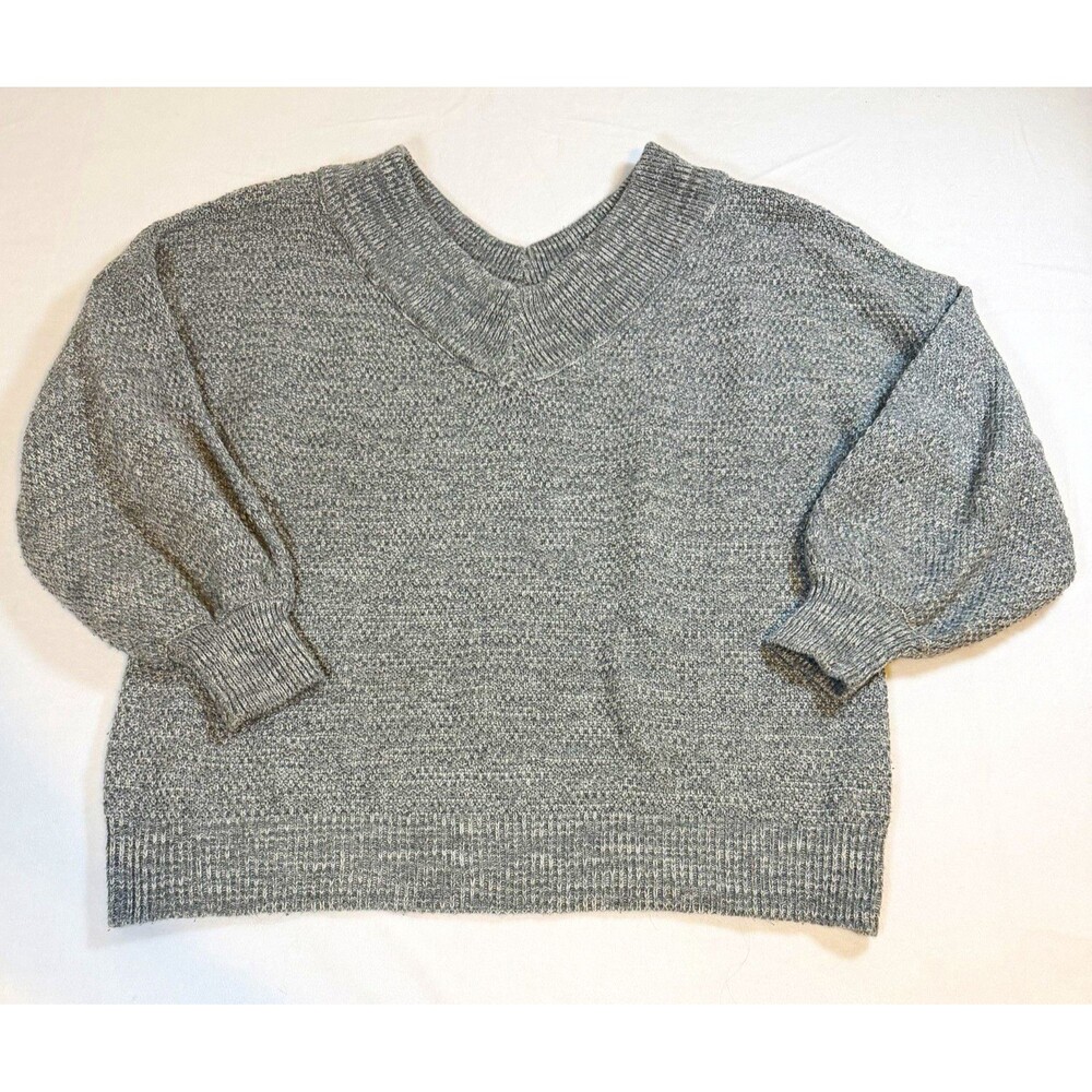 Zenana Womens L Gray Solid Textured Ribbed Knit V-Neck Long Sleeve Sweater